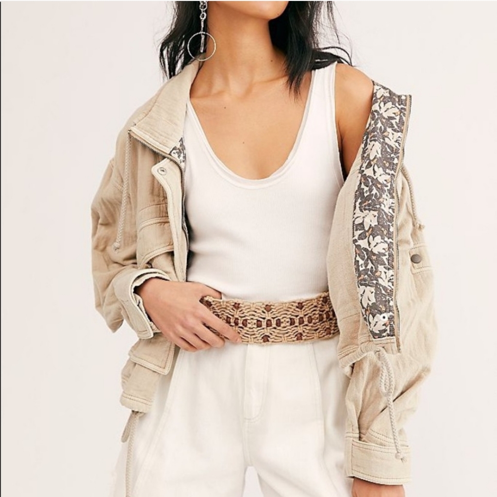 Free People Beige Utility Jacket With Floral Trim